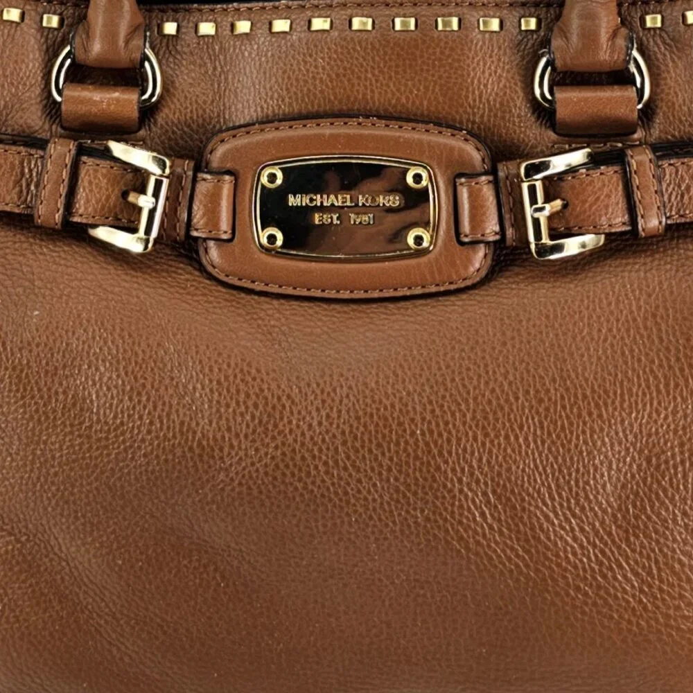 Michael Kors Hamilton Luggage Brown Pebble Leather Whipstitch Satchel Crossbody